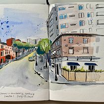 My project for course: Urban Sketching: Create Expressive Cityscapes. Painting, Sketching, Drawing, Watercolor Painting, Sketchbook & Ink Illustration project by amanda etches - 07.16.2023