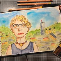Self-portrait for "Artistic Watercolor Sketching: Dare to Express Your Ideas". Ilustração tradicional, Esboçado, Criatividade, Desenho, Pintura em aquarela, e Sketchbook projeto de Ina - 18.07.2023