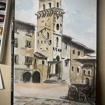 San Gimignano. Piazzetta della Cisterna.. Painting, and Watercolor Painting project by Giacomo Gradi - 05.27.2023