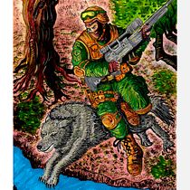 Soldier and wolf. Een project van Traditionele illustratie, Tekening met potlood,  Tekening, Digitale illustratie,  Artistieke tekening y Digitale tekening van Nico Benitez - 23.07.2023
