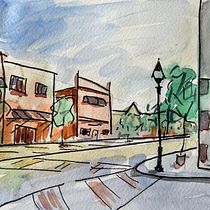 Small Town Urban Sketch from Cafe 🎨☕️. Painting, Sketching, Drawing, Watercolor Painting, Sketchbook & Ink Illustration project by joegpaintings - 09.13.2023