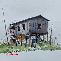Houses of Inn Lay Lake, Myanmar ( watercolor with pen ). Sketching, Drawing, Sketchbook, Ink Illustration, and Watercolor Painting project by Nay Aung - 09.14.2023