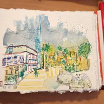 Mon projet du cours : Urban sketching : créez des paysages urbains expressifs. Painting, Sketching, Drawing, Watercolor Painting, Sketchbook & Ink Illustration project by Vanessa Mekhalfi - 10.15.2023