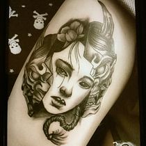 Geisha y máscara japonesa. Tattoo Design project by Sebastián Siabato - 06.02.2023