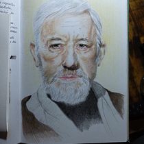 Star Wars, Obi Wan Kenobi (1977). Drawing, Portrait Drawing, Realistic Drawing, and Colored Pencil Drawing project by Ana Maria Aranda - 11.21.2023