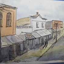 My project for course: Architectural Sketching with Watercolor and Ink, River St, Delano Minnesota, ca. 1930. Esboçado, Desenho, Pintura em aquarela, Ilustração arquitetônica, Sketchbook e Ilustração com tinta projeto de Steve Merten - 08.12.2023