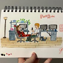 Pregnant Foot Rubs. Un proyecto de Ilustración tradicional, Bocetado, Creatividad, Dibujo, Pintura a la acuarela, Sketchbook y Pintura gouache de Ginny Mills - 27.12.2023