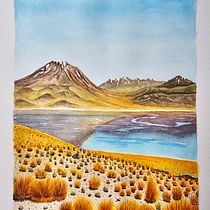 Acuarela de viajes: Volcán y Laguna Miscanti, Atacama, Chile. Projekt z dziedziny  Sztuki piękne, Sketching, R, sunek ołówkiem,  R, sunek, Malowanie akwarelą i Sketchbook użytkownika Moisés Martínez - 30.01.2024
