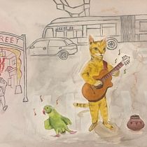 Street Concert - Cat playing guitar. Traditional illustration, Character Design, Fine Arts, Painting, Children's Illustration, Gouache Painting, and Picturebook project by mihyun - 06.21.2024