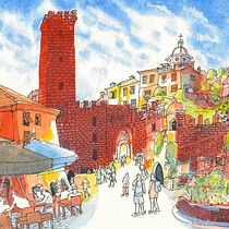 Mein Abschlussprojekt für den Kurs: Urban Sketching: Halte deine Stadt in Bewegung fest Ein Projekt aus dem Bereich Traditionelle Illustration, Skizzenentwurf, Zeichnung, Aquarellmalerei, Architektonische Illustration und Sketchbook von Franz Habermacher - 15.08.2024