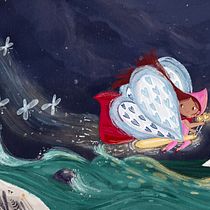 In pink hood and superman cape, flying off on a glowing butterfly. Children's Illustration, Digital Illustration, Digital Painting, and Picturebook project by Faithlina - 01.22.2025