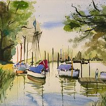 Painting a water dock for boats. Naturalistic Illustration, Painting, and Watercolor Painting project by Upasana Saigal - 01.27.2025