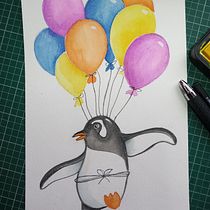 Penguin/Balloons. Character Design, Children's Illustration, Drawing, Painting, and Watercolor Painting project by jmackenzienorthmountain - 01.28.2025