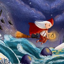 Little witch flying slowly over the sea. Children's Illustration, Digital Illustration, Digital Painting, and Picturebook project by yulya_zhirenkina - 02.03.2025