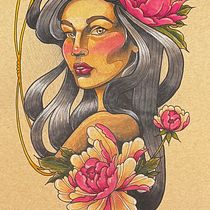 Lady with peonies. Un proyecto de Dibujo digital, Ilustración digital, Dibujo y Diseño de tatuajes de larenaolisetattoo - 05.02.2025