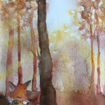 WALDLANDSCHAFT MIT FUCHS. Painting, and Watercolor Painting project by sandramariadreyer - 03.09.2025