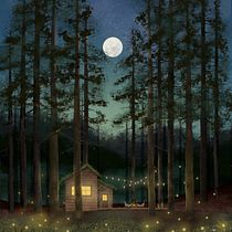 Cabin in the Woods Under a Full Moon. Digital Illustration, and Animation project by Van Thi Diep - 05.07.2025