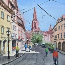 Cityscape in Freiburg. Watercolor Painting, Fine Arts, and Architectural Illustration project by jutta_loeffler - 07.09.2025