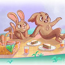 Bunny Picnic. Un projet de Art conceptuel, Illustration numérique, Peinture numérique , et Théorie des couleurs de Valeria Díaz Izurieta - 15.07.2025