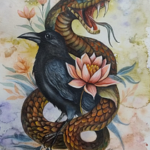 Serpente, Corvo e Lótus. Un proyecto de Ilustración tradicional, Pintura a la acuarela, Bellas Artes e Ilustración naturalista				 de Giovana Giordani - 21.07.2025
