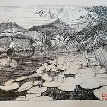 Funtenensee - Meiringen . Drawing, Traditional illustration, Ink Illustration, Sketchbook, and Sketching project by Didier Van Impe - 07.26.2025