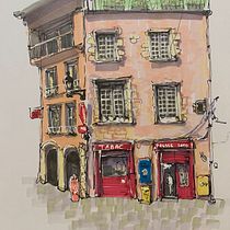 Illustration urbaine aux marqueurs alcool. Architectural Illustration, Drawing, Ink Illustration, Sketchbook, and Sketching project by isabelleloustalot - 08.10.2025