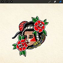 Chica con Serpiente y Rosas. Digital Illustration, Drawing, and Tattoo Design project by Edgar Vargas Zumbado - 08.11.2025