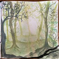 Sunlit forrest. Painting, and Watercolor Painting project by geerte - 08.29.2025
