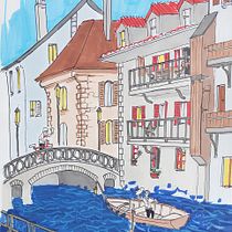 Two friends meet by the canal Ein Projekt aus dem Bereich Architektonische Illustration, Zeichnung, Illustration mit Tinte, Sketchbook und Skizzenentwurf von lukasledog - 02.09.2025