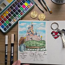 Ilustración de viaje: Disneyland . Een project van Traditionele illustratie, Architecturale illustratie, Aquarelschilderen y Sketchbook van milagros concina - 02.11.2025