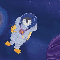 Sr Pinguin em sua viagem a Vênus. . Un proyecto de Ilustración infantil, Ilustración digital, Pintura digital y Álbum ilustrado de analuizapassos - 09.11.2025