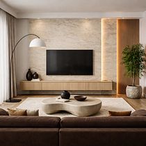 Warm Minimalist Living Room with Travertine Feature Wall Ein Projekt aus dem Bereich Farbenlehre, Innenarchitektur, Innenarchitektur und Innendesign von joannapiekarczyk1111 - 29.03.2026