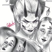 Oni Orian y mascaras Noh. Design, Fine Arts, Graphic Design, Drawing, and Digital Illustration project by roxls - 08.04.2026