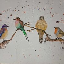 Pájaros en una rama. Traditional illustration, Watercolor Painting, Realistic Drawing, and Naturalistic Illustration project by Ludmila Belen Ochoa - 09.28.2026