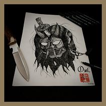 Oni demon's head stabbed with a wakizashi - Blackwork tattoo design. Un proyecto de Diseño de tatuajes, Ilustración tradicional, Ilustración con tinta, Creatividad y Dibujo de João Afonso Almeida - 22.03.2022