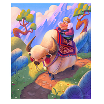 Grandmother Riding a Woolly Yak. Un proyecto de Ilustración tradicional e Ilustración digital de Britt Henricksen - 25.08.2022