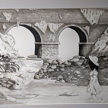 Girl Under the Bridge".   approx 18"x22".   Pen and ink with Watercolour.  . Un proyecto de Dibujo e Ilustración con tinta de Mike O'Leary - 07.05.2023