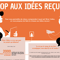 "Stop to preconceived ideas" (Stop aux idées reçues) It's an infographic that addresses five preconceived ideas about the first ecosystem dedicated to demographic transition: Silver Valley.. Projekt z dziedziny Infografika, Ilustracja c i frowa użytkownika oksana_wotin - 01.06.2024