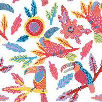 Estampa Tucanos Tropicais. Un proyecto de Diseño de vestuario, Ilustración digital, Diseño de moda, Ilustración tradicional y Pattern Design de Felipe Silva Marques - 24.04.2025