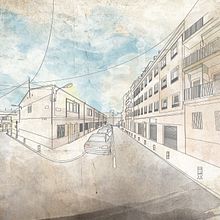Un cuarto sin ascensor, mi proyecto particular, nuestro estudio de diseño formado por Alfon y yo. Ilustración del lugar donde empezó todo... Realizada a partir de fotografías de street view a modo de collage de imágenes superpuestas.. Artes plásticas, Design e Ilustração tradicional projeto de Elena Marticorena - 29.01.2014