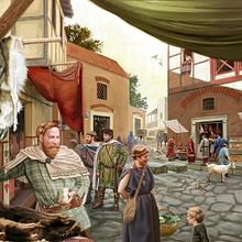 Mercado tardorromano en el Rin. Traditional illustration, and Digital Illustration project by Sandra Delgado - 10.21.2015