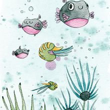 Peces globo y Cangrejos. Character Design, Product Design, and Traditional illustration project by Sandra Uve - 02.18.2016