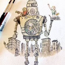  TRES NIÑOS Y ROBOT. Un proyecto de Ilustración tradicional de pedro parrilla - 13.08.2016