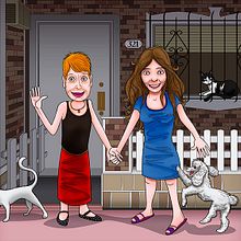 Caricatura "Graciela, Jimena y los bichulis en la puerta de casa". Un proyecto de Ilustración tradicional de RULO Raul Perez Sanchez - 01.01.2017