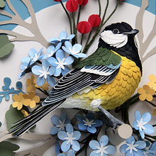 Great tit with floral background . Un progetto di Artigianato, Belle arti, Direzione artistica, Design editoriale, Illustrazione tradizionale e Papercraft di Diana Beltran Herrera - 07.12.2017