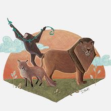 Mono, león y zorro. Ilustración digital con lápices de colores. Traditional illustration project by Miryam Pérez - 03.21.2018