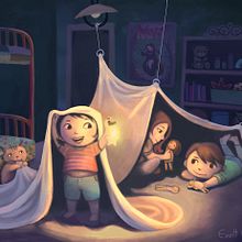 Kids at night - shelter. Un proyecto de Ilustración tradicional de Evelt Yanait - 20.02.2018