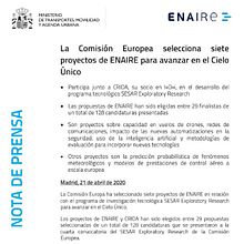 Nota de prensa - La Comisión Europea selecciona siete proyectos de ENAIRE para avanzar en el Cielo Único. Communication project by Samy Ataoui González - 04.21.2020
