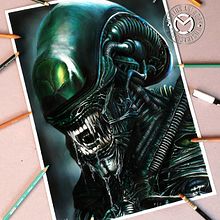 Alien Xenomorph - Ilustraciòn en làpices de colores y aerògrafo.. Drawing, Pencil Drawing, Artistic Drawing, and Realistic Drawing project by Mariano Mattos - 02.21.2019