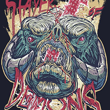 Slayer of Demons Shirt by MeFO. Un proyecto de Arte urbano, Bocetado, Cómic, Creatividad, Dibujo, Diseño, Diseño de moda, Estampación, Ilustración digital, Lettering y Serigrafía de Miguel Francisco Offidani - 17.03.2019